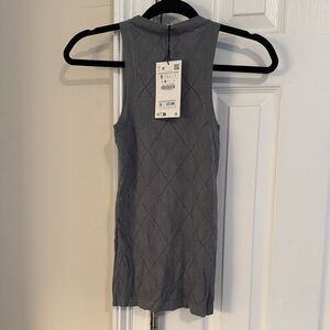 Zara Gray Ribbed Sleeveless Tank Top with Mandarin Collar